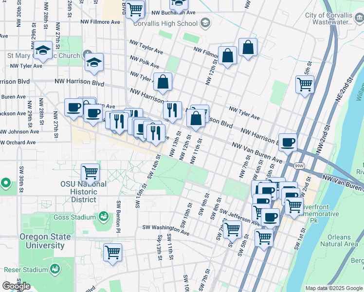 map of restaurants, bars, coffee shops, grocery stores, and more near 1207 Northwest Jackson Avenue in Corvallis