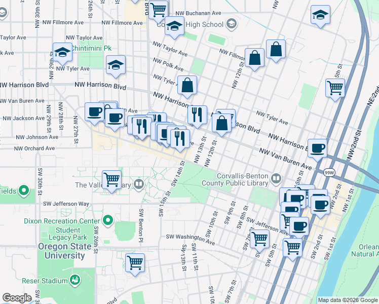 map of restaurants, bars, coffee shops, grocery stores, and more near 149 Northwest 14th Street in Corvallis
