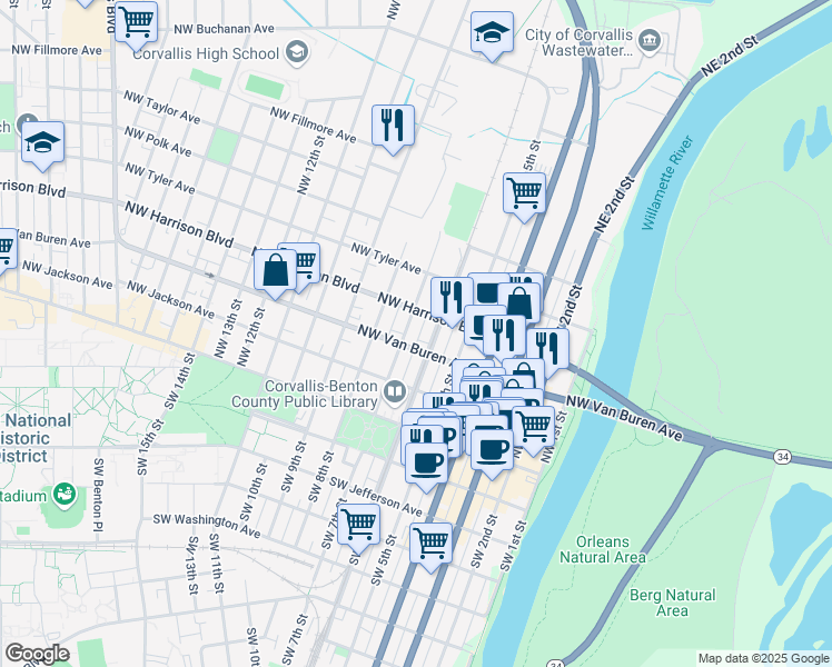 map of restaurants, bars, coffee shops, grocery stores, and more near 309 Northwest 7th Street in Corvallis