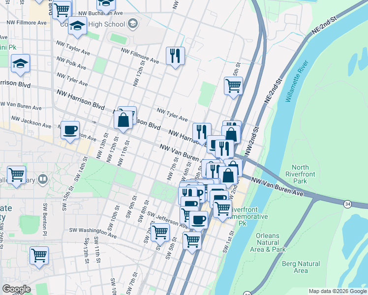 map of restaurants, bars, coffee shops, grocery stores, and more near 323 Northwest 7th Street in Corvallis