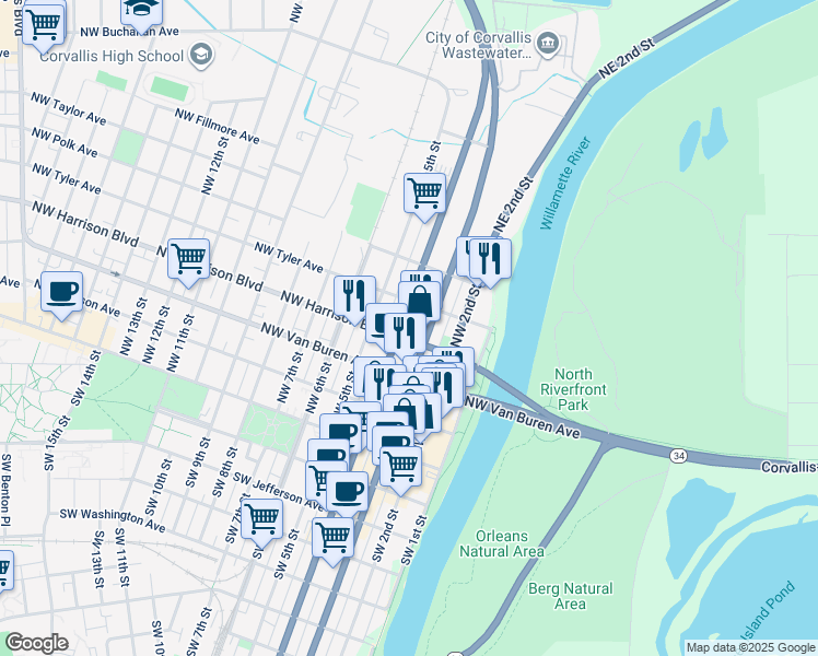 map of restaurants, bars, coffee shops, grocery stores, and more near 430 432 NW 3rd Street in Corvallis