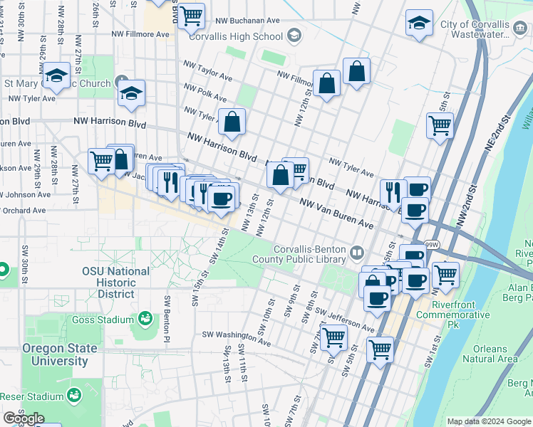 map of restaurants, bars, coffee shops, grocery stores, and more near NW Jackson Ave & NW 12th St in Corvallis