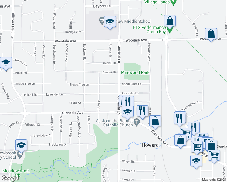 map of restaurants, bars, coffee shops, grocery stores, and more near 2621 Shade Tree Lane in Green Bay
