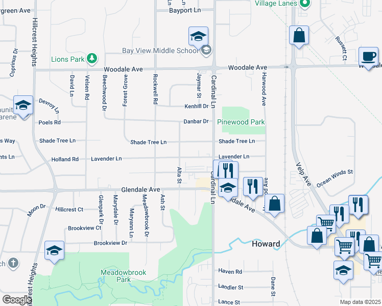 map of restaurants, bars, coffee shops, grocery stores, and more near 2621 Shade Tree Lane in Green Bay