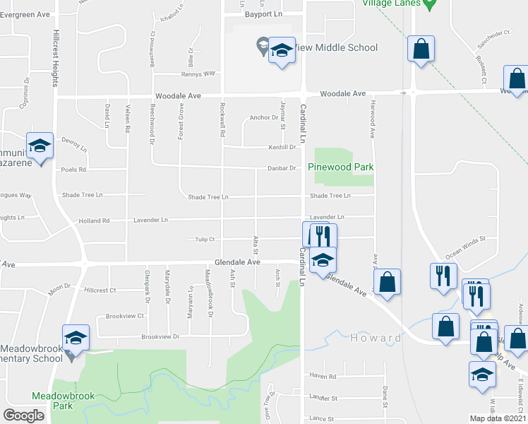 map of restaurants, bars, coffee shops, grocery stores, and more near 2647 Shade Tree Lane in Howard