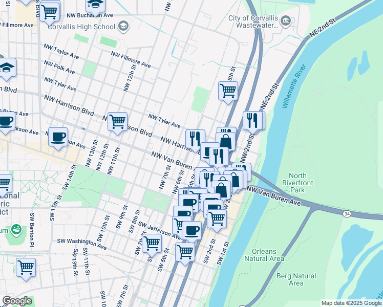 map of restaurants, bars, coffee shops, grocery stores, and more near 550 Northwest Harrison Boulevard in Corvallis