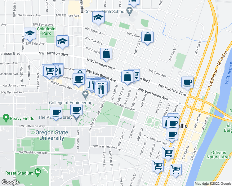 map of restaurants, bars, coffee shops, grocery stores, and more near 155 Northwest 13th Street in Corvallis