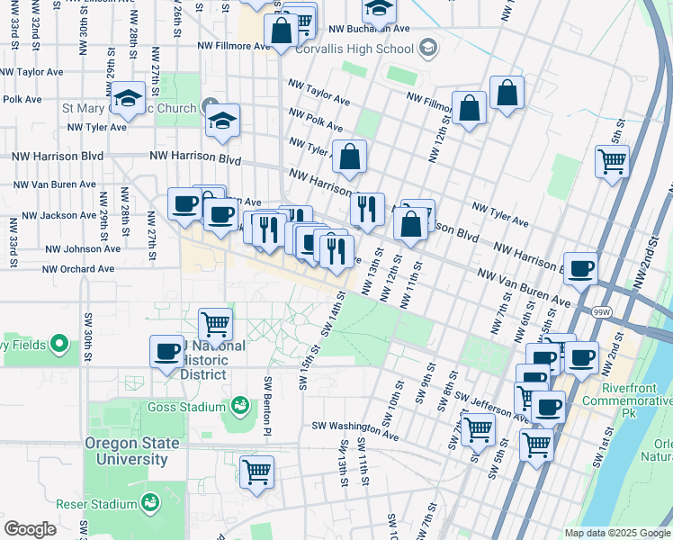 map of restaurants, bars, coffee shops, grocery stores, and more near 114 Northwest 15th Street in Corvallis
