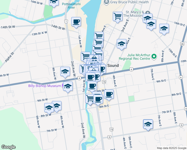 map of restaurants, bars, coffee shops, grocery stores, and more near 1000 2nd Avenue East in Owen Sound