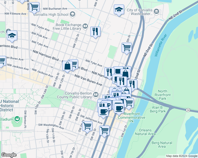 map of restaurants, bars, coffee shops, grocery stores, and more near 321 Northwest 7th Street in Corvallis