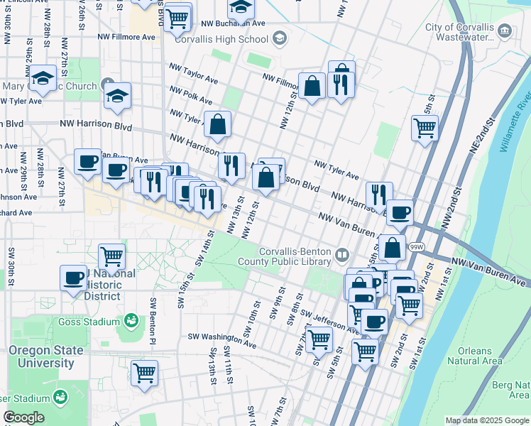 map of restaurants, bars, coffee shops, grocery stores, and more near 231 Northwest 11th Street in Corvallis
