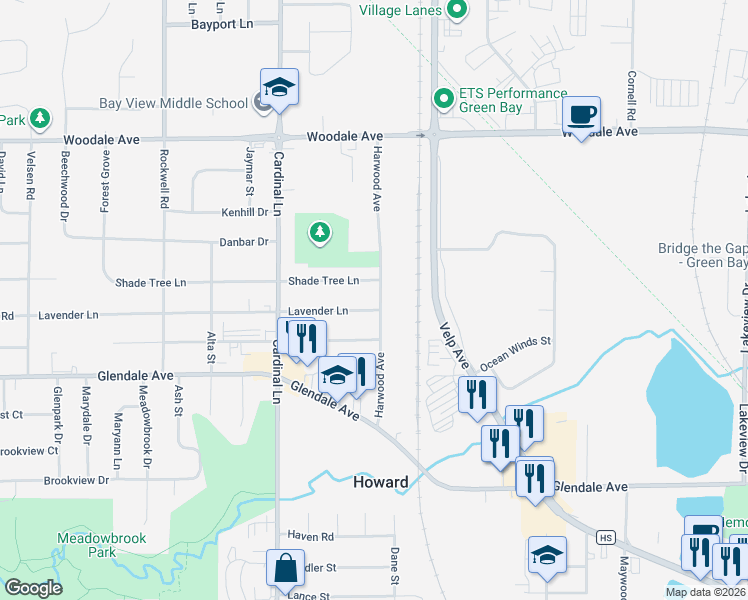 map of restaurants, bars, coffee shops, grocery stores, and more near 990 Harwood Avenue in Howard