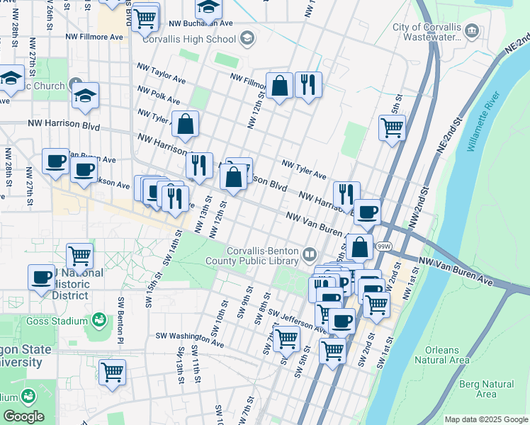map of restaurants, bars, coffee shops, grocery stores, and more near 954 Northwest Van Buren Avenue in Corvallis