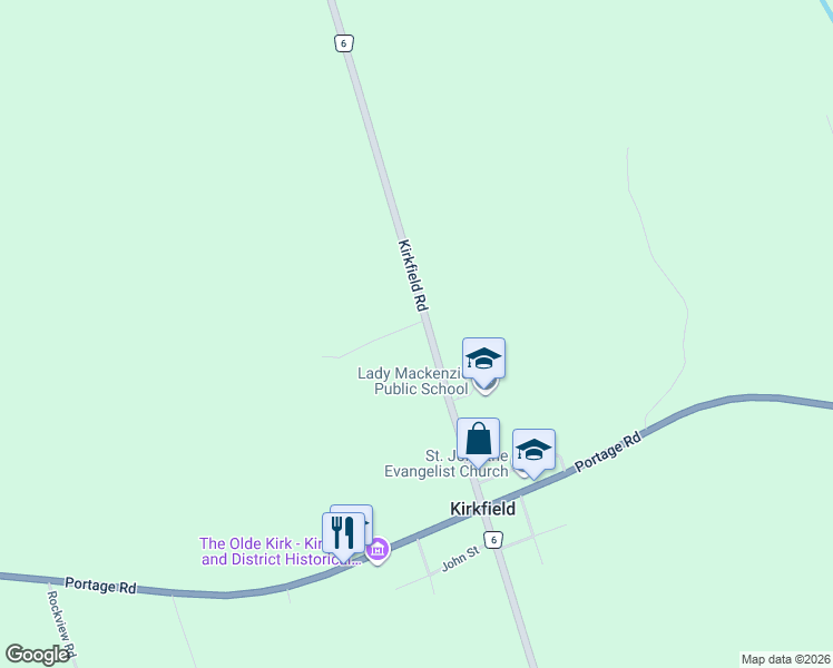 map of restaurants, bars, coffee shops, grocery stores, and more near 1771 Kirkfield Road in Kirkfield