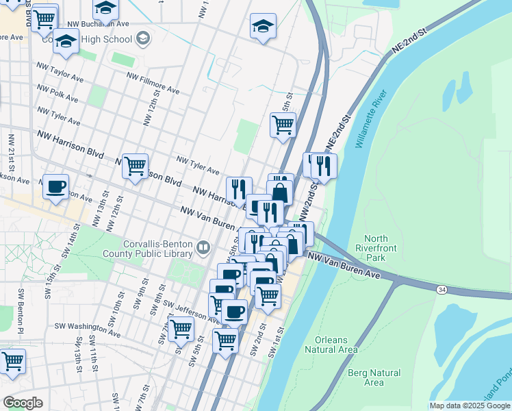 map of restaurants, bars, coffee shops, grocery stores, and more near 405 Northwest 5th Street in Corvallis