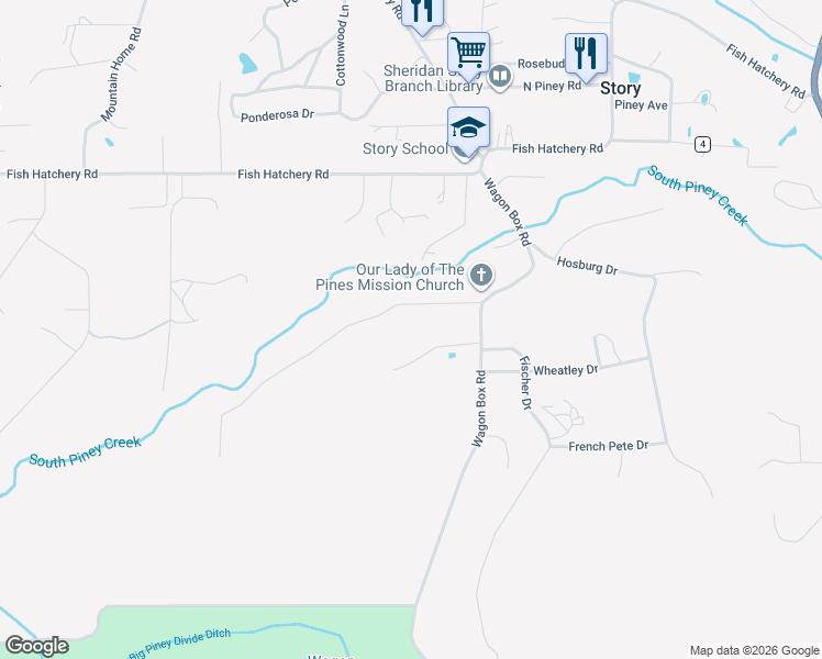 map of restaurants, bars, coffee shops, grocery stores, and more near 44 Wagon Box Road in Story
