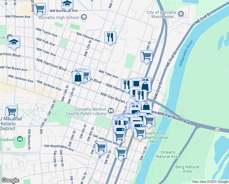 map of restaurants, bars, coffee shops, grocery stores, and more near 327 Northwest 7th Street in Corvallis