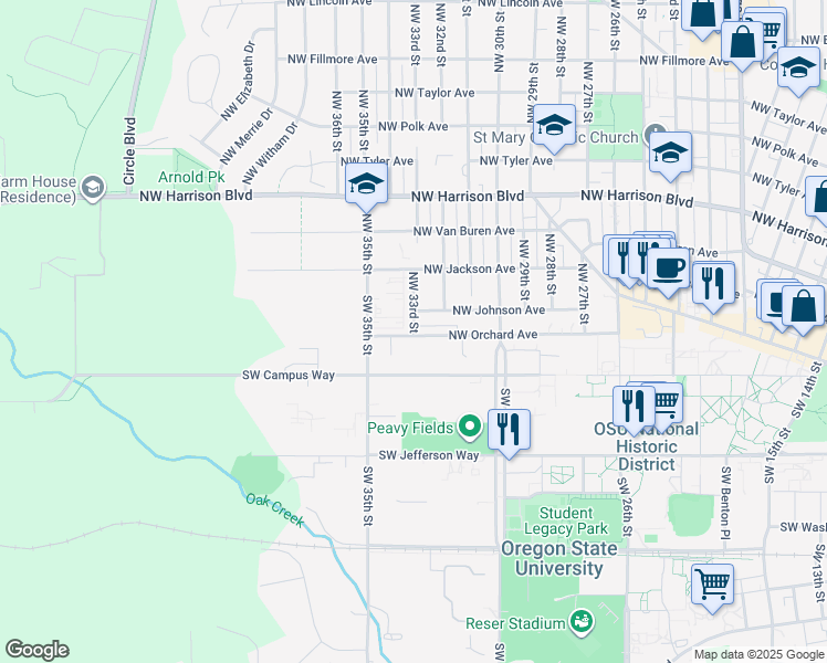 map of restaurants, bars, coffee shops, grocery stores, and more near 15 Northwest 33rd Street in Corvallis
