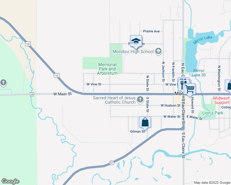 map of restaurants, bars, coffee shops, grocery stores, and more near 607 West Main Street in Mondovi