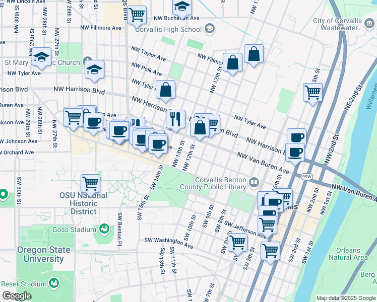 map of restaurants, bars, coffee shops, grocery stores, and more near 1207 Northwest Jackson Avenue in Corvallis