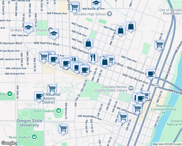 map of restaurants, bars, coffee shops, grocery stores, and more near 149 Northwest 14th Street in Corvallis
