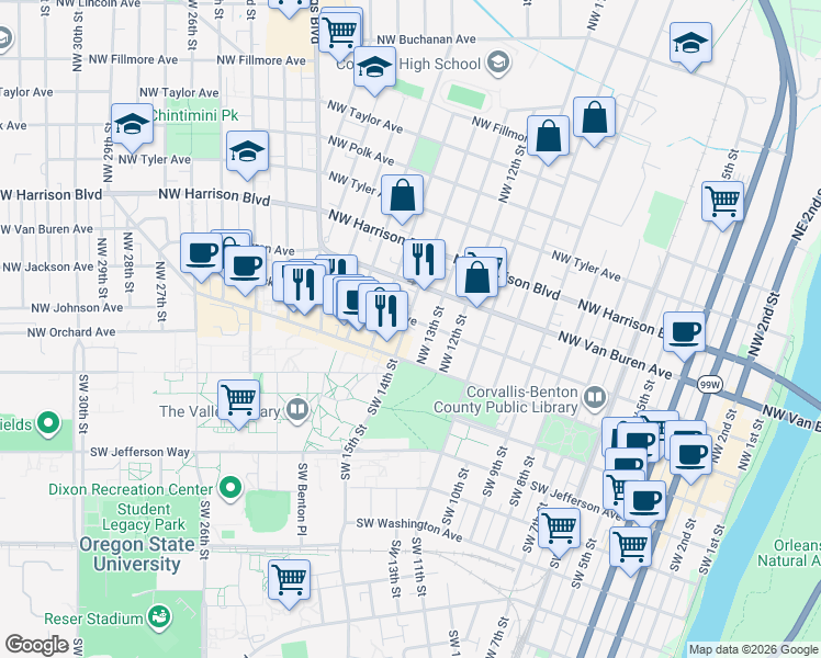 map of restaurants, bars, coffee shops, grocery stores, and more near 149 Northwest 14th Street in Corvallis