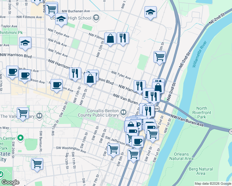 map of restaurants, bars, coffee shops, grocery stores, and more near 308 Northwest 8th Street in Corvallis