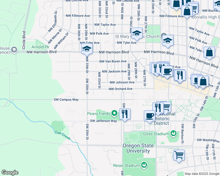 map of restaurants, bars, coffee shops, grocery stores, and more near 3227 Northwest Orchard Avenue in Corvallis