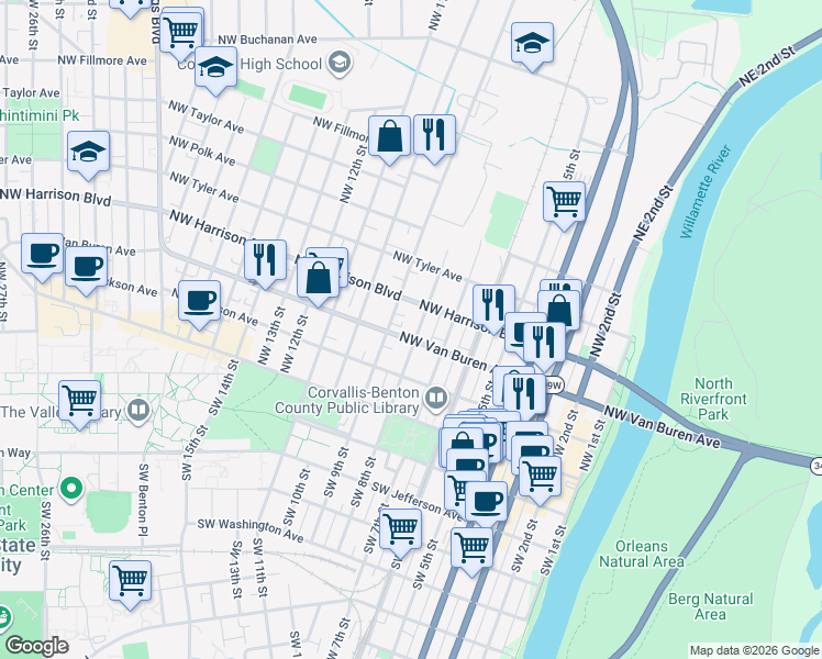 map of restaurants, bars, coffee shops, grocery stores, and more near 308 Northwest 8th Street in Corvallis