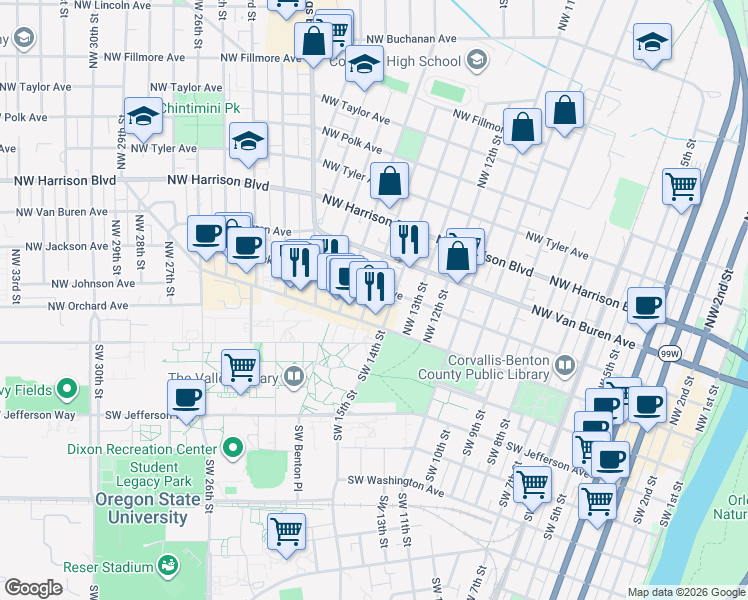 map of restaurants, bars, coffee shops, grocery stores, and more near 141 Northwest 15th Street in Corvallis