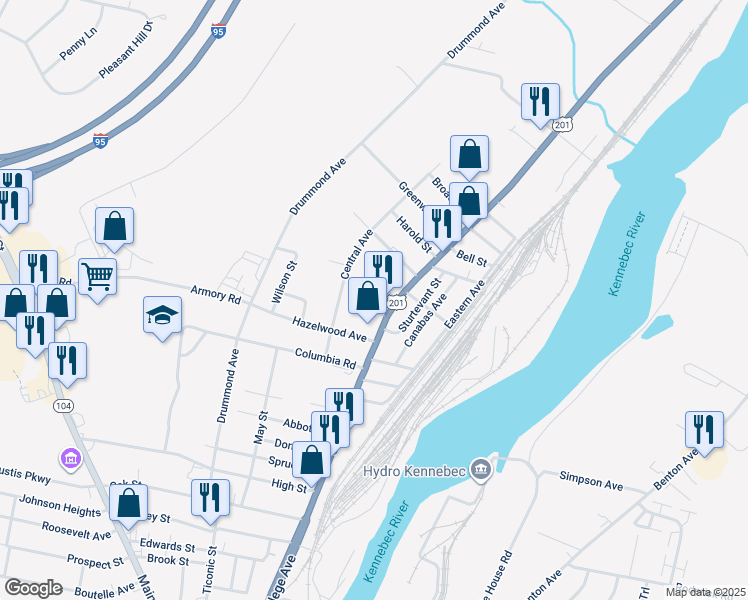 map of restaurants, bars, coffee shops, grocery stores, and more near 9 Walnut Street in Waterville