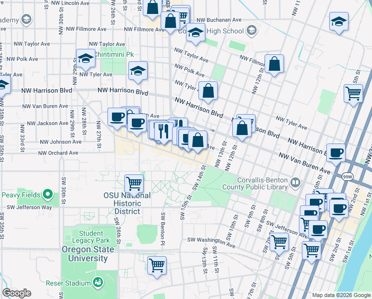 map of restaurants, bars, coffee shops, grocery stores, and more near 1655 Northwest Monroe Avenue in Corvallis