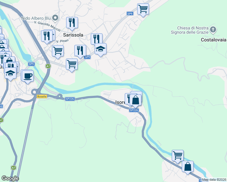 map of restaurants, bars, coffee shops, grocery stores, and more near 38 Via Vecchia Filanda in Isorelle