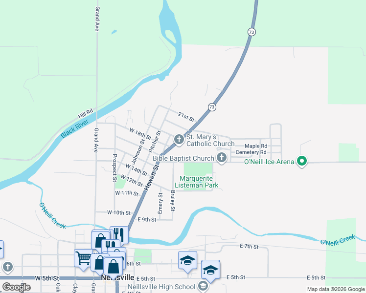map of restaurants, bars, coffee shops, grocery stores, and more near 1813 Black River Road in Neillsville