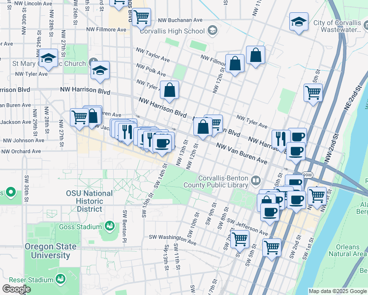 map of restaurants, bars, coffee shops, grocery stores, and more near 233 Northwest 13th Street in Corvallis