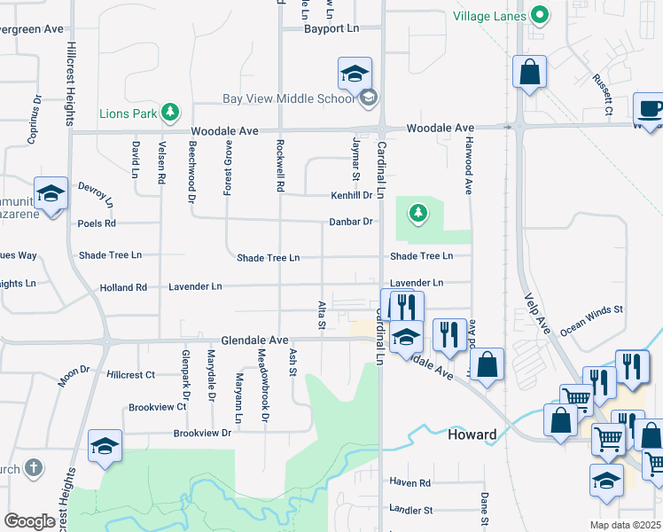 map of restaurants, bars, coffee shops, grocery stores, and more near 2647 Shade Tree Lane in Howard