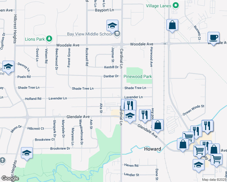 map of restaurants, bars, coffee shops, grocery stores, and more near 2621 Shade Tree Lane in Green Bay