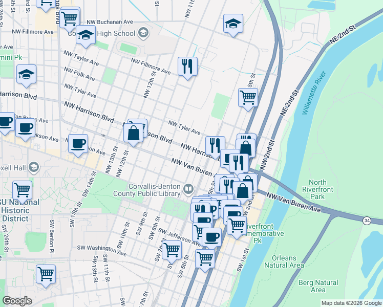 map of restaurants, bars, coffee shops, grocery stores, and more near 330 Northwest 7th Street in Corvallis