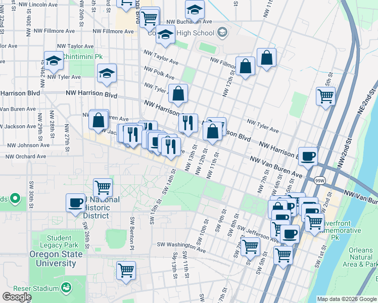 map of restaurants, bars, coffee shops, grocery stores, and more near 149 Northwest 14th Street in Corvallis