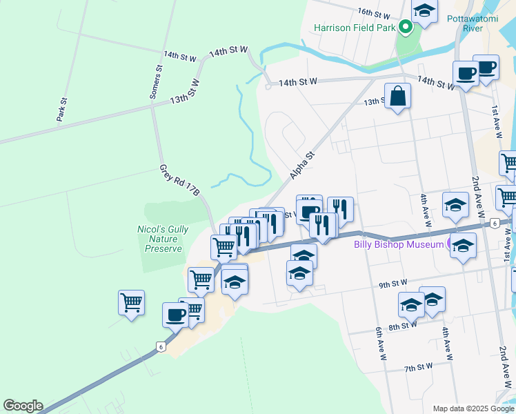 map of restaurants, bars, coffee shops, grocery stores, and more near 850 Alpha Street in Owen Sound