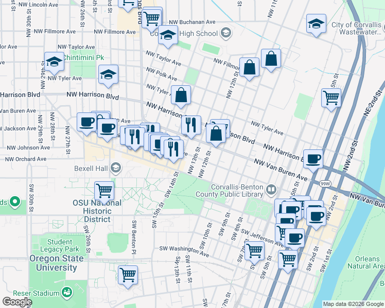map of restaurants, bars, coffee shops, grocery stores, and more near 202 Northwest 13th Street in Corvallis