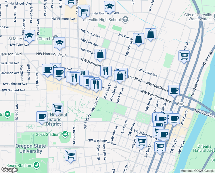 map of restaurants, bars, coffee shops, grocery stores, and more near 149 Northwest 14th Street in Corvallis