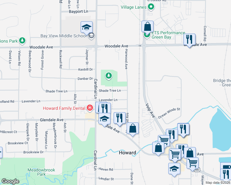 map of restaurants, bars, coffee shops, grocery stores, and more near 2532 Lavender Lane in Green Bay