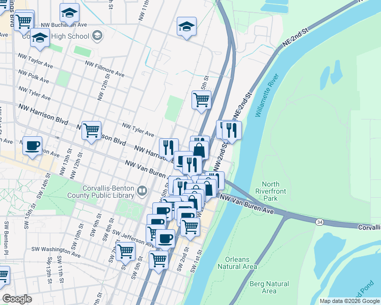 map of restaurants, bars, coffee shops, grocery stores, and more near 405 Northwest 5th Street in Corvallis