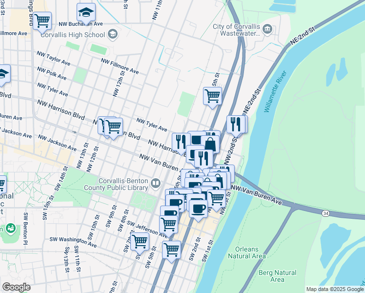 map of restaurants, bars, coffee shops, grocery stores, and more near 550 Northwest Harrison Boulevard in Corvallis
