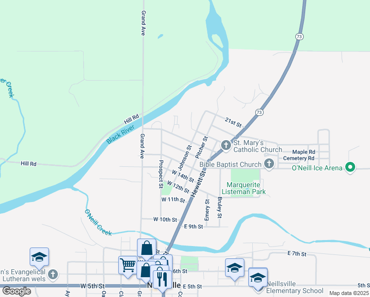 map of restaurants, bars, coffee shops, grocery stores, and more near 210 West 17th Street in Neillsville
