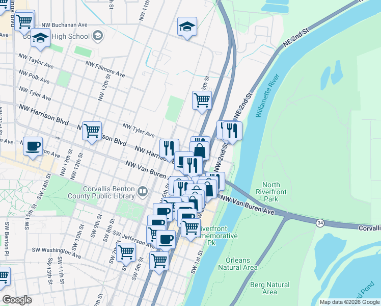 map of restaurants, bars, coffee shops, grocery stores, and more near 442 Northwest 4th Street in Corvallis