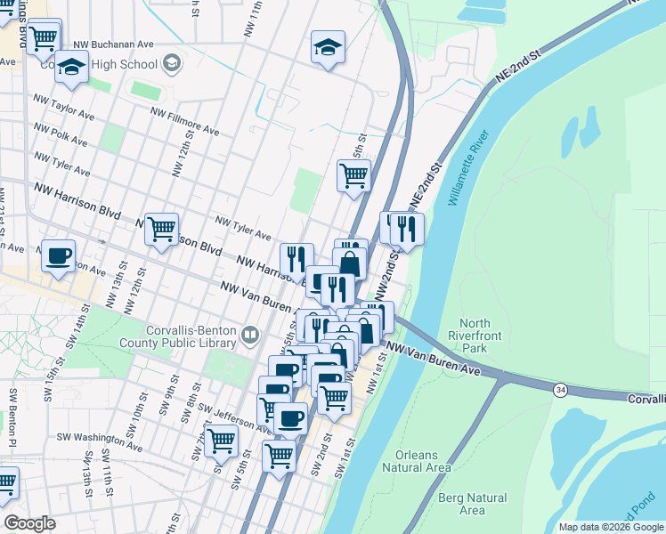 map of restaurants, bars, coffee shops, grocery stores, and more near 442 Northwest 4th Street in Corvallis