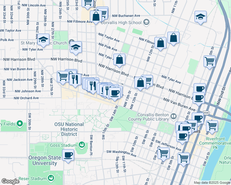 map of restaurants, bars, coffee shops, grocery stores, and more near 1463 NW Jackson Ave in Corvallis