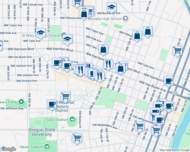 map of restaurants, bars, coffee shops, grocery stores, and more near 145 Northwest 16th Street in Corvallis